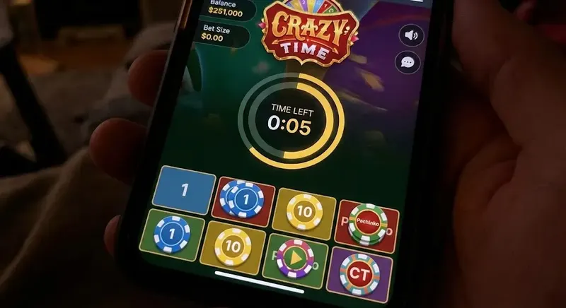 Crazy Time betting interface — 8 options and 15-second timer